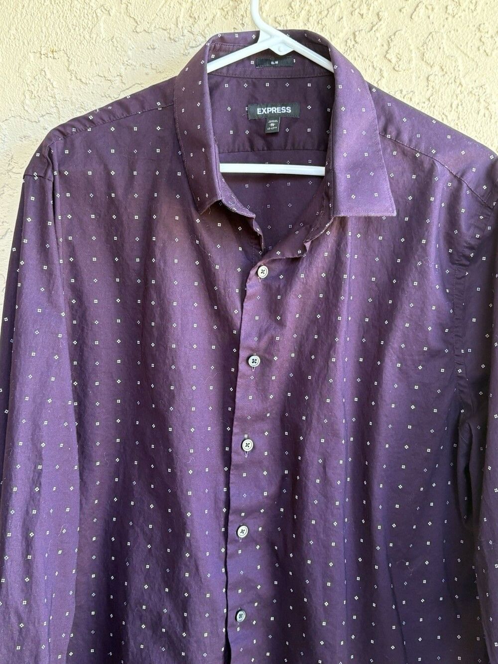 Express Dark Purple White Check Size XL 17-17.5 Men’s Cotton Collared Shirt